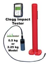 The Clegg Impact Tester is a professional instrument to determine hardness on all types of areas.  The principle behind the Clegg Impact Soil Tester, also called the Clegg Hammer and Clegg Decelerometer is used to obtain a measurement of the deceleration of a free falling mass (Hammer) from a set height onto a surface under test to determine hardness. The impact of the hammer produces an electrical pulse, which is converted and displayed on the Control Unit in units of gravities "G" or tens of gravities "CIT". Reference ASTM test methods D5874 and F1702. 