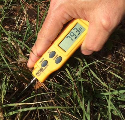 The Turf-Tec Digital Pocket Thermometer is a rugged thermometer with a folding Thermometer and is easy to carry.  It reads the soil temperature within 10 seconds. The unit is very durable with a 3 1/4 inch (9 cm) long probe. 