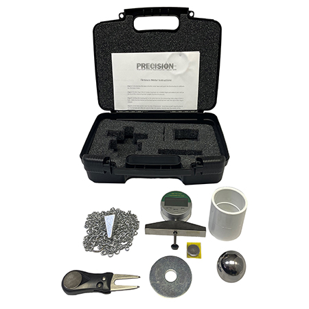 The Precision Putting Green Firmness Compaction Meter allows you to test firmness on golf green surfaces simply and easily by dropping a predetermined weighted steel ball on the putting surface by dropping if from a know height and measuring the surface penetration with the depth gauge provided.