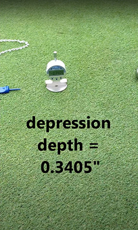 On this putting green, the Precision Putting Green Firmness Compaction Meter shows the depression at 0.3405 inches deep and that is an indication of the putting greens surface firmness