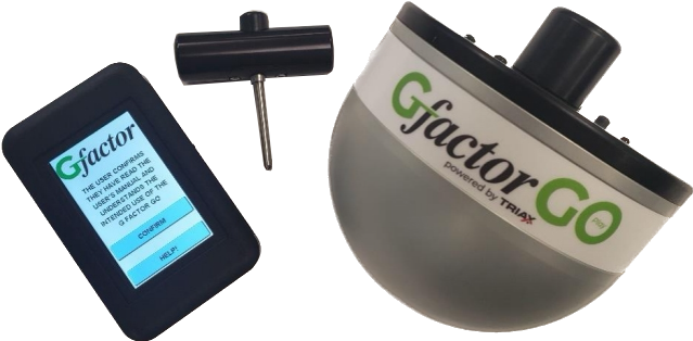 The GfactorGO wireless playground impact tester is a simple tool designed to test surfaces under and around playground equipment for safety. is intended to be used to measure the impact attenuation of surfaces under and around playground equipment for safe playing surfaces. The 10.1 pound impact tester has a head shaped form and when dropped, wirelessly sends peak gMax, HIC (Head Impact Criteria), height of drop, angle of impact with time and date stamp to the handheld control unit. Impact velocity and HIC Interval (Delta T) can also be shown. The GfactorGO wireless playground impact tester is intended to be used to measure the impact attenuation of surfaces under and around playground equipment for safe playing surfaces. The impact hammer meets the dimensional requirements of: ASTM F1292 /ASTM F355 /En1177 / AS/NZS 4422 / ASTM F3313.