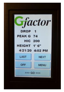 The GfactorGO wireless playground impact tester's handheld controller will display the drop number, the peak gMax value, the Head Impact Criteria, the drop height and the date and time.