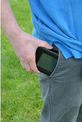 The GfactorGO wireless playground impact testers handheld controller is small enough to fit in your pocket