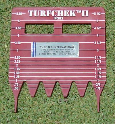 The Turfchek II is a height of cut gauge designed for taller grass to determine the actual mowing height, right in the field.  The unit is made of high impact plastic and can tell grass height in inches or millimeters.  Simply push the two outside teeth into the soil until the serrated teeth at the bottom of the unit come in firm contact with the soil.  Look at the gauge and you can see the actual cutting height of the grass as well as the quality of cut.