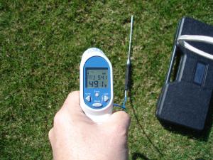 The Turf-Tec Infrared Turf Thermometer with probe is easy to use, and since it does not have to make contact with the turf, it is a quick way to asses turfgrass stress. Using an infrared thermometer will eliminate potential damage and contamination.  The Turf-Tec Infrared Turf Thermometer with probe is easy to use, just pull the trigger, aim the laser and the temperature is displayer on the large, backlit display. This new unit also comes with a temperature probe so you can also test the soil temperature with one compact unit. Unit also comes with a hard plastic protective case. 