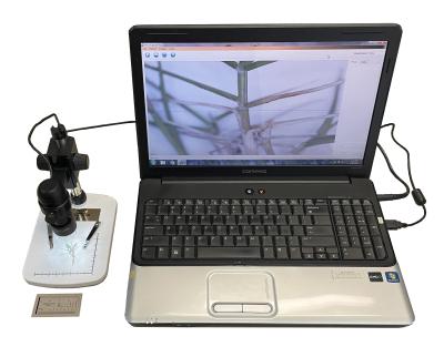 Turf-Tec USB Digital Microscope and stand shown with computer (Not included) for 20x to 300x with 5 Mega Pixel Camera, LED Lights and calibration scale