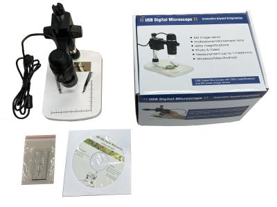 Turf-Tec USB Digital Microscope and stand shown with box, calibration scale and CD for 20x to 300x with 5 Mega Pixel Camera