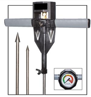 Turf-Tec Soil Compaction Tester / Dial Penetrometer shown with both 1/2 inch and 3/4 inch tip and storage area
