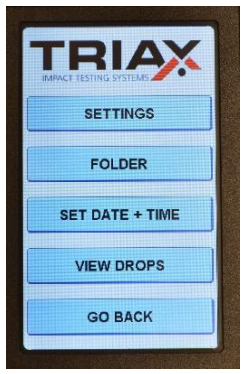 The wireless handheld controller for the Triax Touch gMax Impact tester si sample to use with 5 main options on the home screen