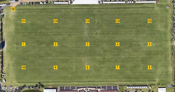 16 suggested test areas for Polo Fields for shear strength, moisture and Clegg impact testing
