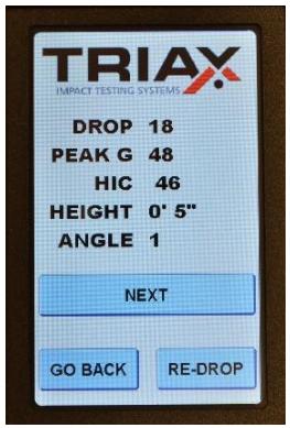 The wireless handheld controller for the Triax Touch HIC Impact tester shows data after each test. Simply chick next to advace to next test area