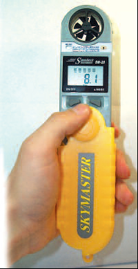 SKY-MASTER WEATHER METER from Turf-Tec. This easy to use, pocket-size weather station features complete wind speed functions, humidity, dew point, altitude, barometric pressure with 16 hour graph, temperature, wind-chill, heat index and includes a severe weather audio alarm.   The unit is also water resistant and closes up into the jack knife style protective case. Since the Sky-Master Wind and Weather Meter also measures the heat index, it will also conform to Sports Turf testing procedures to make sure practices, games and all sporting events can be held safely hot days, especially for football practices.