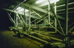 This is underneath the movable stands inside Qualcomm Stadium.  The stands were moved in and out of the stadium using these airplane tires and pulleys before each Padres Baseball game.