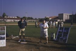 STMA Field Maintenance seminar, North High School, Phoenix.  Tim Wilson and Leo Liebert, both from the Seattle Mariners are speaking to the group about home plate and batters box construction.