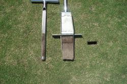 This is a photo taken on the golf green at Lake City Community College in Florida showing the difference in quality of a soil sample taken with a Tubular Soil Sampler and the Mascaro Profile Sampler.  (Click here or photo for larger Picture)