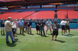 This is the FTGA Sports Turf Tour on Dolphin Stadium Field.  Thomas Wilson is talking about some of the maintenance that goes on during the season.  The field is bermudagrass.