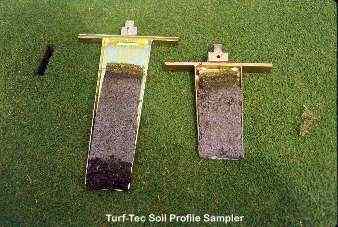 The Turf-Tec Soil Profile Sampler will show the soil profiles health.  Shown gere ate the six inch deep Soil Profile Sampler and the 12" deep Mascaro Profile Sampler.